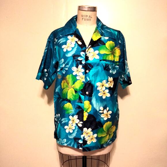Sears Hawaii Vintage 1970s Blue Floral Short Sleeve Button Front ShirtL